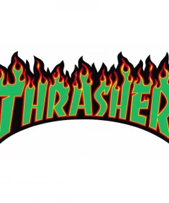 THRASHER - FLAME LOGO STICKER GREEN ON BLACK: 10" X 5" Trucks